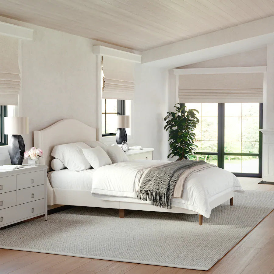 Martha Stewart - Amelia Faux Linen Upholstered Full Size Platform Bed with Curved Headboard - Beige Fabric/Walnut Legs