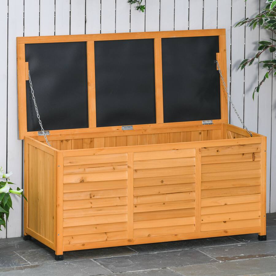 Outsunny - 75 Gallon Wooden Deck Box, Outdoor Storage Container with Aerating Gap & Weather-Fighting Finish