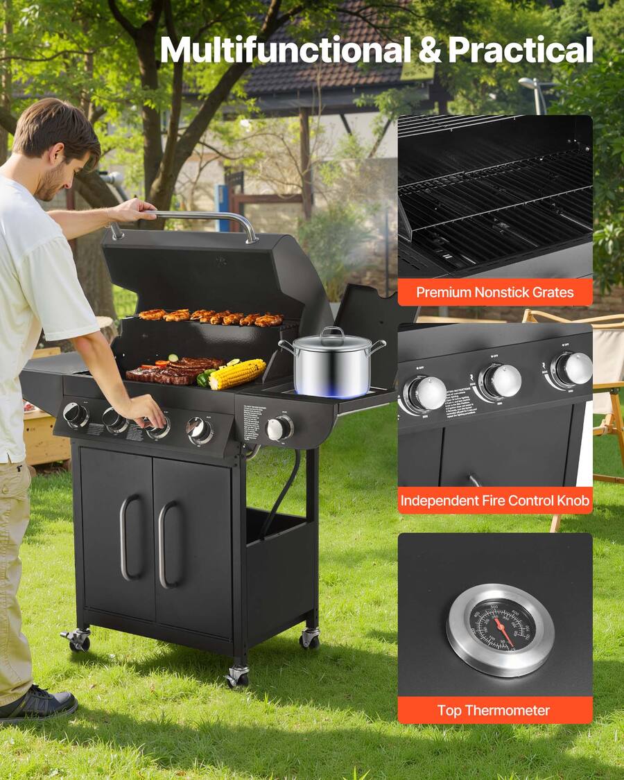VEVOR - Gas Grill, 4 Burner Propane Gas Grill with Side Burner, 425 SQ.In Grilling Area, Carbon Steel Enamel Grates - Black