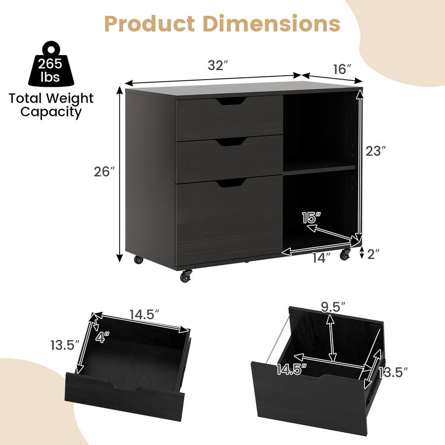 Gymax - 3-Drawer Mobile File Cabinet w/ Open Adjustable Storage Shelf for Home Office - Black