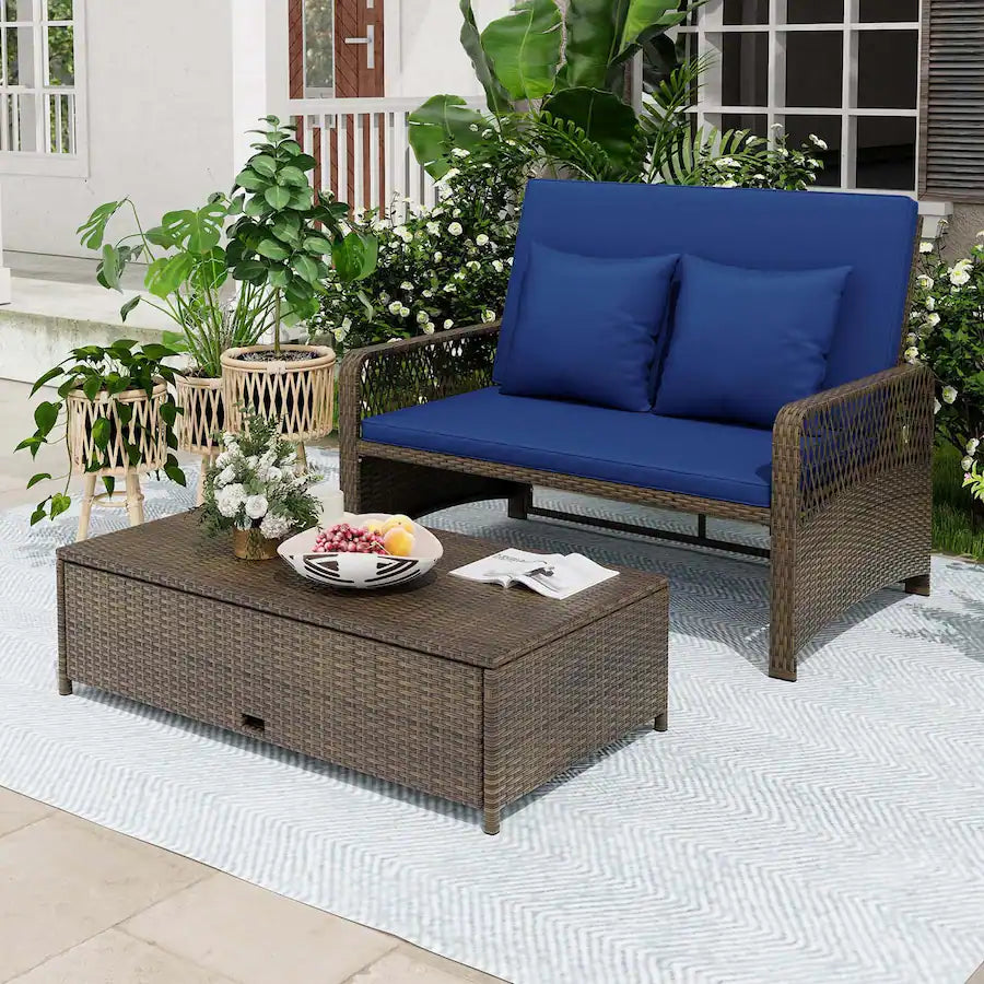 Costway - Patio Rattan Daybed Wicker Loveseat Sofa with Multifunctional Ottoman - Mix Brown + Blue