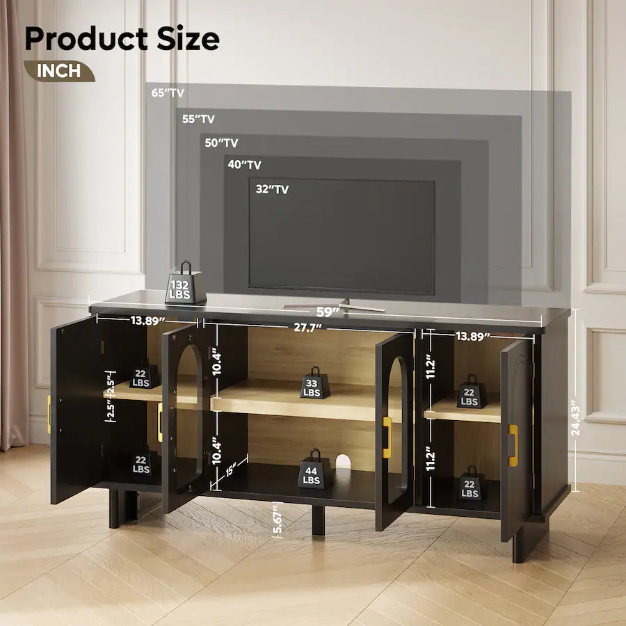 Bestier - 59 Inch Mid-Century Modern TV Stand with Arched Fluted Glass Doors & Adjustable Shelving - Black Grained