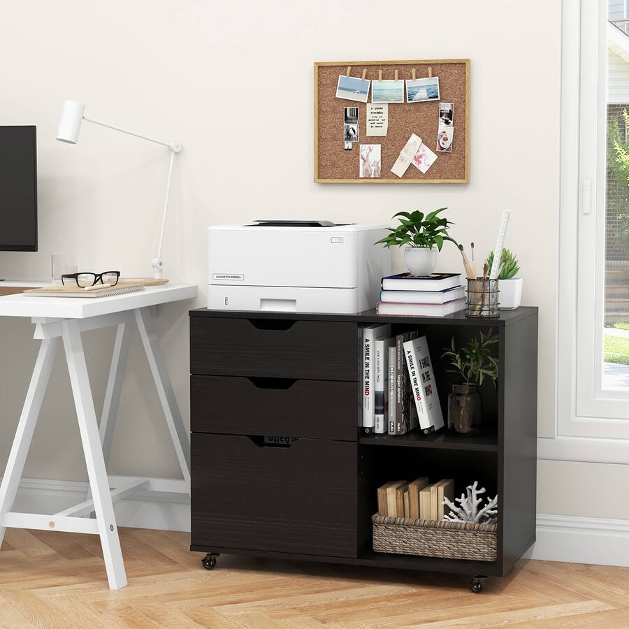 Gymax - 3-Drawer Mobile File Cabinet w/ Open Adjustable Storage Shelf for Home Office - Black