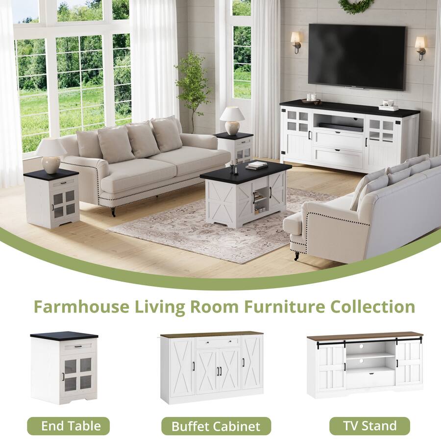 Anysun - Mid-Century TV Stand for 65" TV - Entertainment Center with Sliding Barn Doors - White