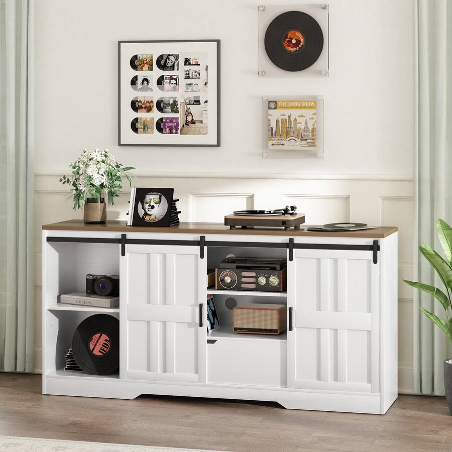 Anysun - Mid-Century TV Stand for 65" TV - Entertainment Center with Sliding Barn Doors - White