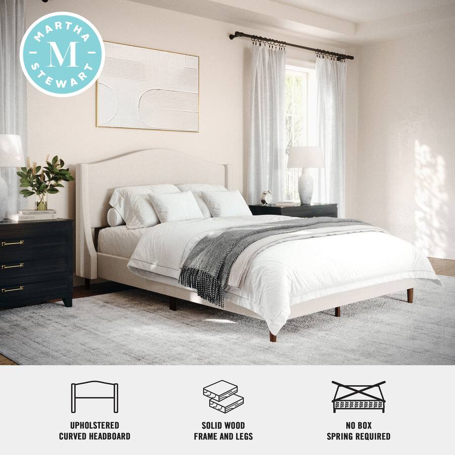 Martha Stewart - Amelia Faux Linen Upholstered Full Size Platform Bed with Curved Headboard - Beige Fabric/Walnut Legs