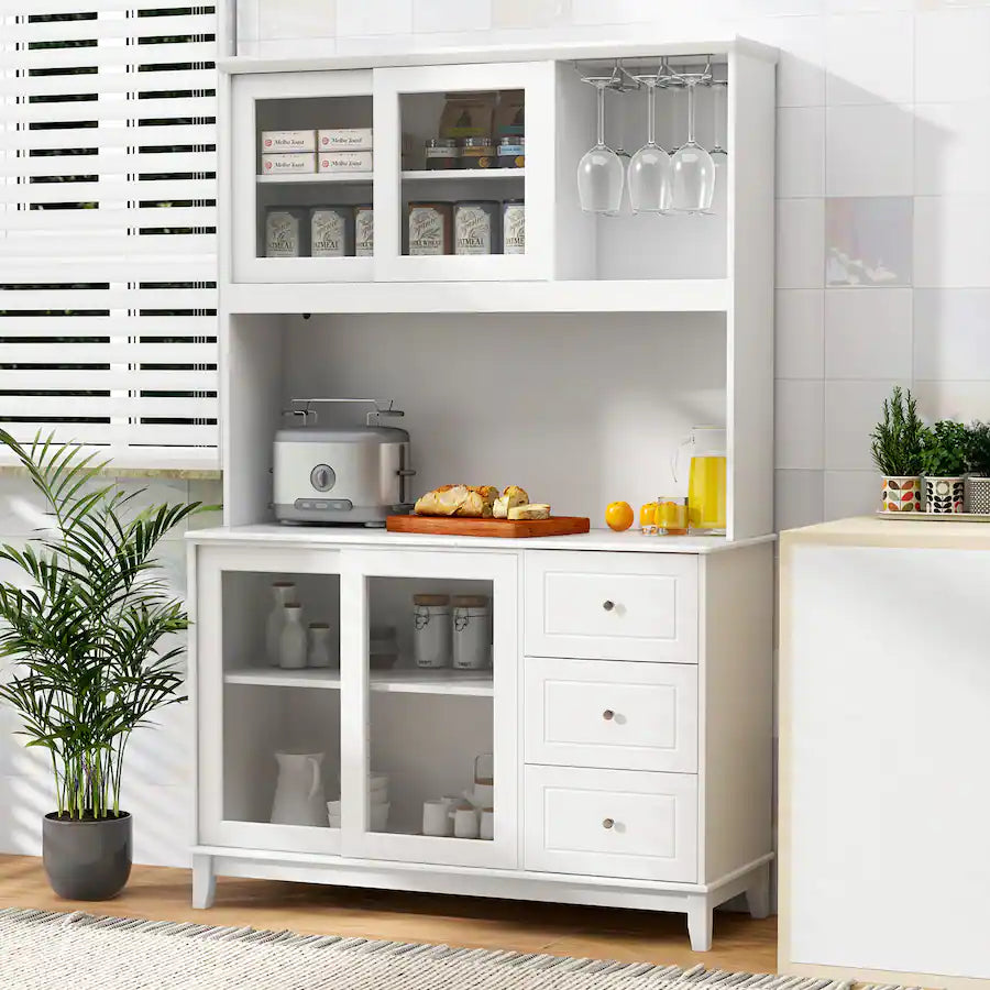 Gymax - Kitchen Pantry Storage Cabinet Kitchen Hutch w/ LED lights & Power Outlet - White
